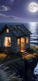 Moonlit ocean cottage on cliff.