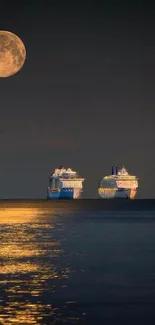 Cruise ships by moonlight on tranquil ocean.