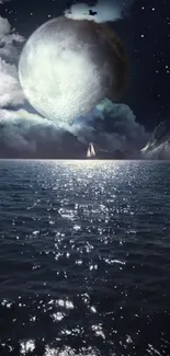 Moonlit ocean with night sky background and luminous moon.