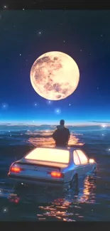 Car under full moon on tranquil ocean night.