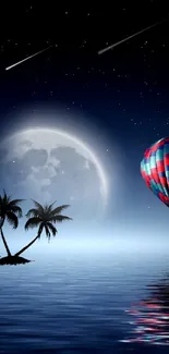 Moonlit ocean with hot air balloon and palm trees at night.