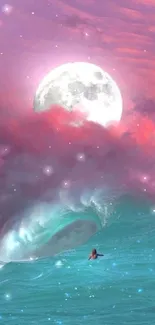 Surfer under a full moon in a pink sky with turquoise ocean waves.