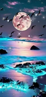 Moonlit ocean with glowing waves and birds flying across the sky.