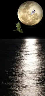 A surreal scene with a full moon, dragon, and ocean at night.