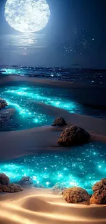 Moonlit ocean with glowing waves and a peaceful night sky.