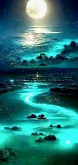 Stunning moonlit ocean with glowing water and starry night sky.