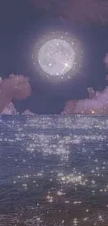 Moonlit fantasy ocean with shimmering water and cloudy sky.