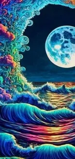 Moonlit ocean fantasy with vibrant waves and full moon in night sky wallpaper.