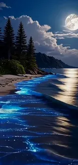 Moonlit beach with glowing waves under a night sky.
