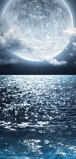 Moonlit ocean wallpaper with full moon and shimmering waters under a night sky.