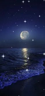 Serene moonlit ocean under a starry night sky wallpaper.