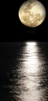 Full moon reflecting on a calm ocean at night.