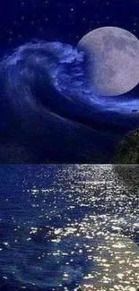 Moonlit night ocean wave wallpaper with starry sky reflection.