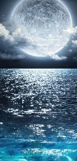 Moonlit ocean view with full moon and night sky.