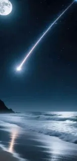 Moonlit beach with shooting star over ocean waves at night.