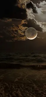 Moonlit cloudy night sky over a dark ocean.