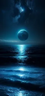 Moonlit ocean reflecting under a starry sky night.