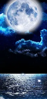 Moonlit ocean wallpaper with night sky and shimmering water.