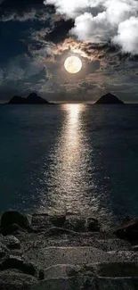 Moonlit ocean view with a full moon reflecting on calm waters.