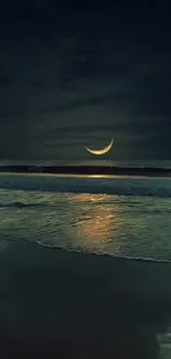 Crescent moon reflecting on calm ocean at night, creating a serene wallpaper scene.