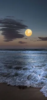 Moonlit ocean with waves at night under a bright full moon and dark sky.