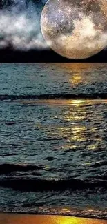 Moonlit ocean scene with a glowing full moon reflecting on the water at night.