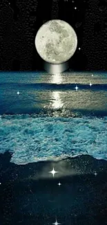 Moonlit ocean with stars and waves on a serene night.