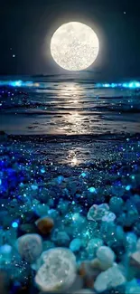 Moonlit ocean with shimmering blue stones and glowing full moon.