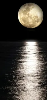 Full moon reflecting on a calm ocean at night.