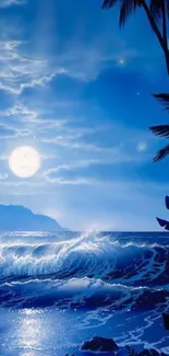 Moonlit ocean with palm trees and waves under a starry night sky.