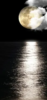 Moonlit ocean with moon reflection on the water in a dark night scenery.