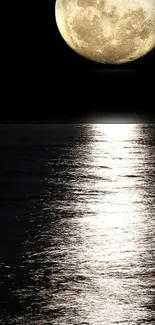 Full moon casting luminous glow over a tranquil ocean at night.