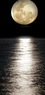 Full moon reflecting over a calm ocean at night.