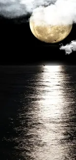 Serene ocean under a full moon, reflecting light on calm waters.