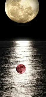 Moonlight reflecting on ocean with a red moon below.