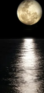 Moon reflecting over calm ocean at night.