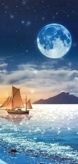 Sailing under full moon and stars on serene ocean view.