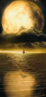 Sailing boat under a golden moon on a tranquil ocean at night.