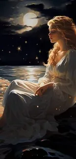 A serene figure sits by the ocean under a moonlit sky, surrounded by stars.