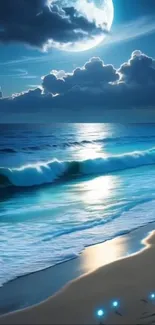 A peaceful moonlit ocean with waves and a serene night sky.