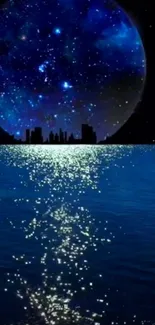 Blue moonlit ocean with starry skyline.