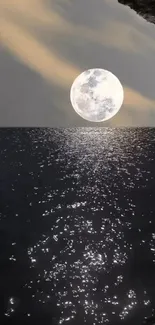 Moonlit ocean view with a glowing full moon.