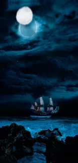 Ship sailing under a full moon and cloudy night sky.