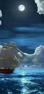 Sailing ship under a full moon with clouds and blue ocean waves.