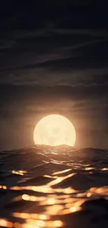 Moonlit ocean with glowing reflection under night sky.