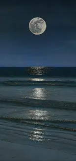 Moonlit ocean with full moon reflecting on calm waters.