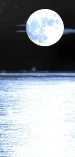 Moonlit ocean scene with glowing full moon.