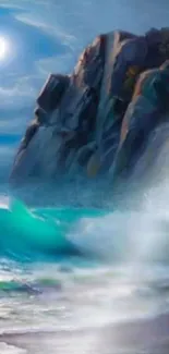 Moonlit ocean wave with dramatic cliffs.