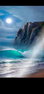 Moonlit ocean wave painting with a calming beach scene and radiant sky.