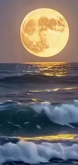Moonlit ocean with shimmering waves under a golden full moon.